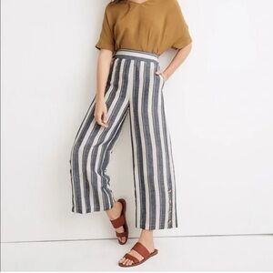 Madewell Linen Blend Side-Button Huston Pull-On Crop Pants in Indigo Stripe XS